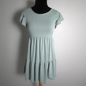 Olivia Rae Babydoll Flutter Sleeve Tiered Striped Green Dress Size Small